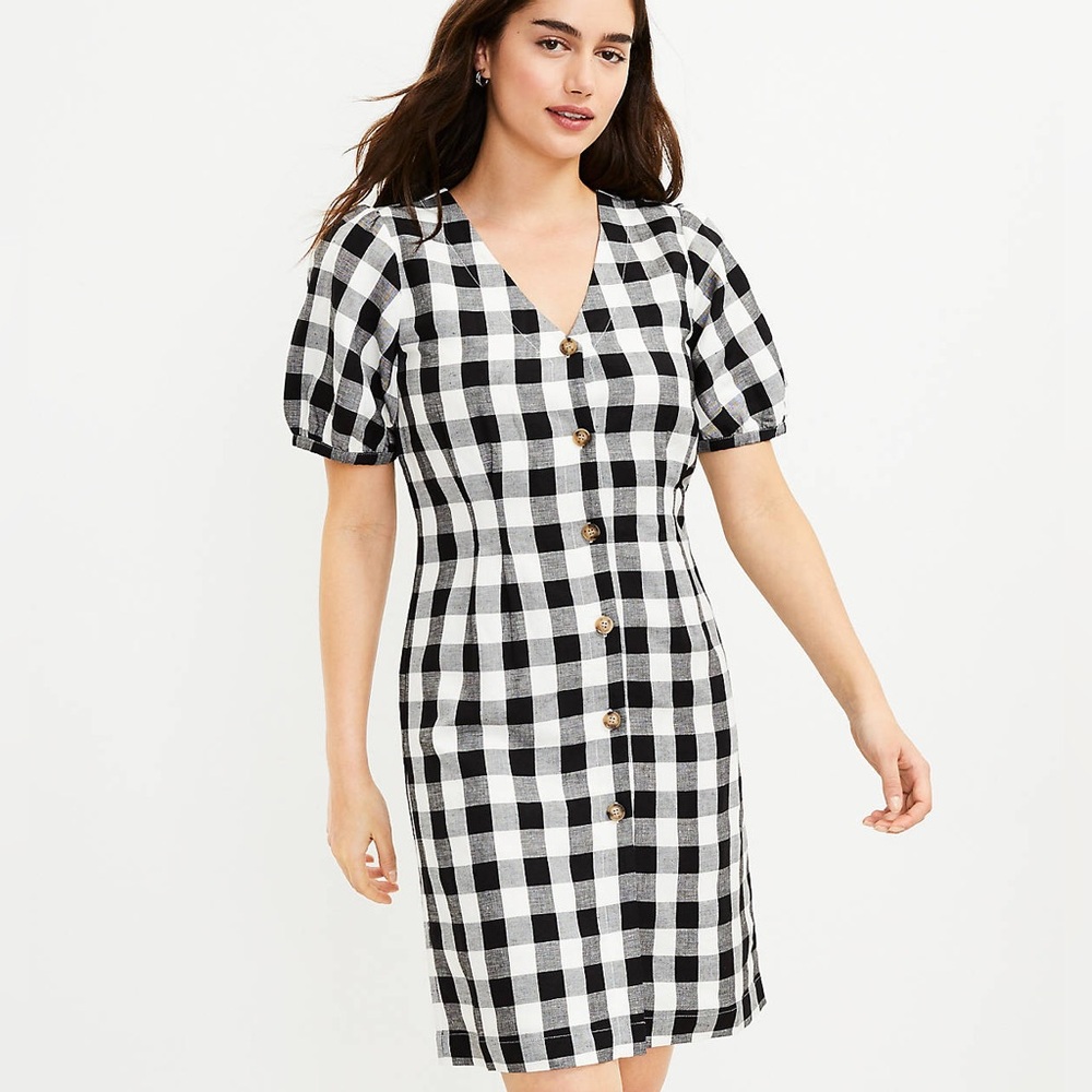 LOFT black and white Gingham Button V-Neck Dress size 8 Petite